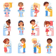 Fototapeta premium Kids washing hands. Happy children observe hygiene, boys and girl stand at sinks, soaped and disinfected hands, virus protection. Hygiene rules, vector cartoon flat isolated set