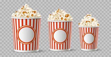 Realistic popcorn buckets. Round cardboard cups for cinema snacks different sizes, isolated on transparent background fast food containers, 3d corn flakes in striped packaging vector set - obrazy, fototapety, plakaty