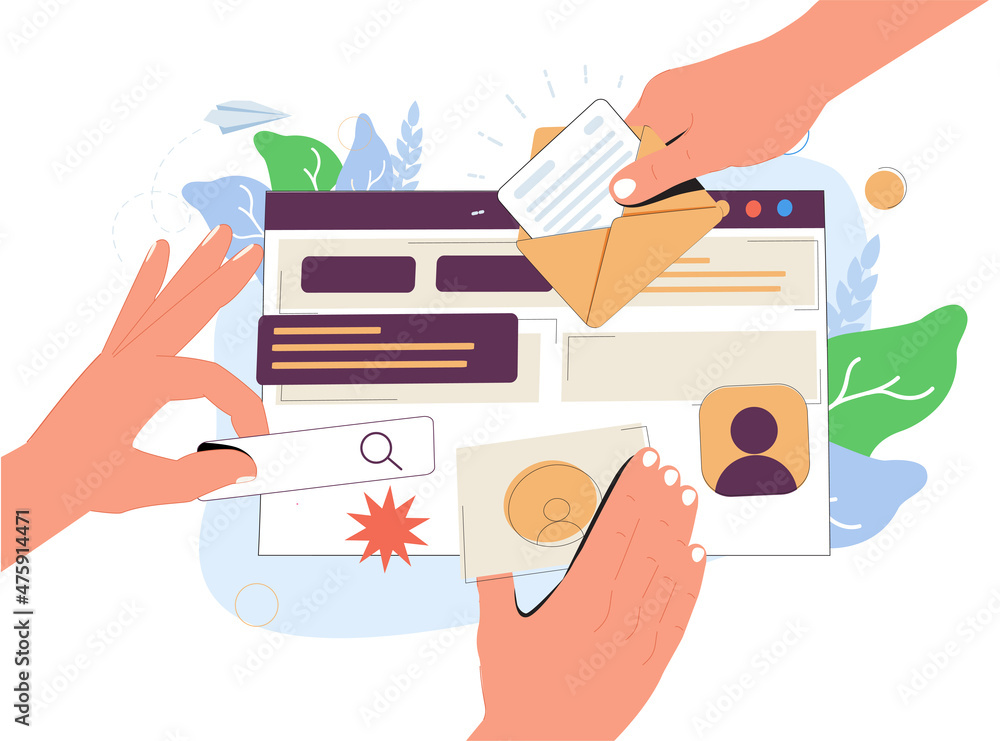 Fototapete landing page, programming, research concept. hands of workers working on website or application, ui 