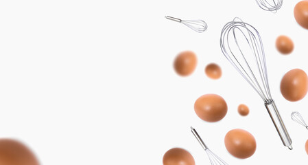 Brown chicken eggs in flight with a whisk on a white background