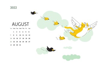 Yellow Cat - сalendar for August 2022 with сartoon сharacter cat