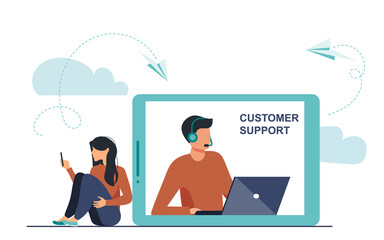 Smartphone app user chatting with support center operator. Woman in headphones giving answer to customer. Flat vector illustration. Online help concept for banner, website design or landing web page	
