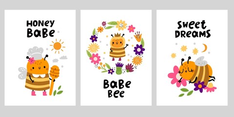 Naklejka na ściany i meble Cute honey bees cards. Funny little insects characters, beautiful flowers, kids cartoon posters with cook, kids adorable doodle princess and sleeper, postcards vector cartoon isolated set