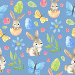 Watercolor seamless pattern. Spring Holidays. Cute Easter bunny. Flowers, butterflies, eggs, leaves. Blue background