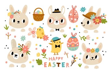 Cute rabbits heads. Funny bunny muzzles with flowers tiaras and headbands, baby animals and little birds, easter spring holiday. Chickens and colored eggs. Vector cartoon isolated set