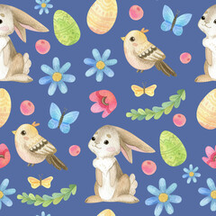 Obraz premium Watercolor seamless pattern. Spring Holidays. Cute Easter bunny. Flowers, butterflies, eggs, leaves. Blue background