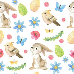 Fototapeta premium Watercolor seamless pattern. Spring Holidays. Cute Easter bunny. Flowers, butterflies, eggs, leaves. Isolated on white.