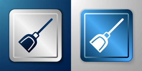 White Dustpan icon isolated on blue and grey background. Cleaning scoop services. Silver and blue square button. Vector