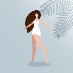 Dark hair girl on the beach. Palm leaves and girl on a blue background. Trendy Hawaiian poster design for web and print.