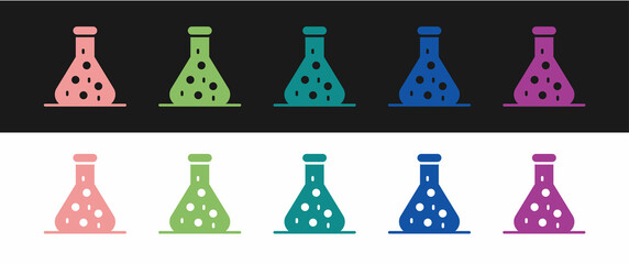 Set Test tube and flask chemical laboratory test icon isolated on black and white background. Laboratory glassware sign. Vector