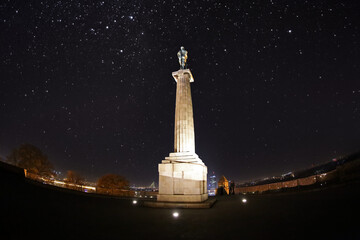Night view with Pobednik Column, Belgrade, Serbia