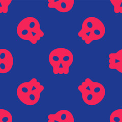 Red Skull icon isolated seamless pattern on blue background. Happy Halloween party. Vector