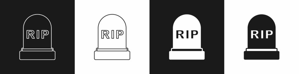 Set Tombstone with RIP written on it icon isolated on black and white background. Grave icon. Happy Halloween party. Vector