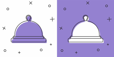 Set Covered with a tray of food icon isolated on white and purple background. Tray and lid sign. Restaurant cloche with lid. Vector