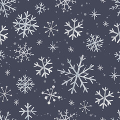Fototapeta na wymiar Watercolor seamless pattern with winter snowflakes. Christmas background with hand-drawn snowflakes. Pattern for wrapping paper, print, fabric or scrapbooking.