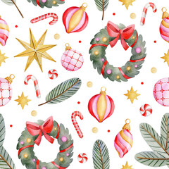 Watercolor seamless pattern with garland, Christmas toys, candy, fir branchs and stars. Christmas background with hand-drawn elements. Pattern for wrapping paper, print, fabric or scrapbooking.