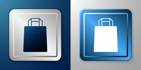 White Paper shopping bag icon isolated on blue and grey background. Package sign. Silver and blue square button. Vector