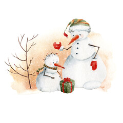 Christmas illustration with funny snowman. - 475916659