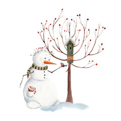 Christmas illustration with funny snowman.
