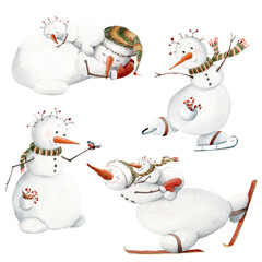 Christmas illustration with funny snowman.