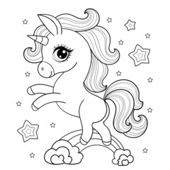 Cute little unicorn on the rainbow. Black and white linear drawing. For children's design of coloring books, prints, posters, stickers, postcards, etc. Vector © Zerlina