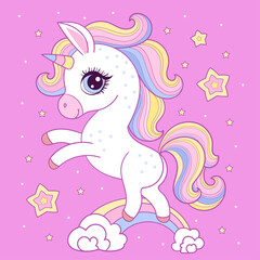 Cute little rainbow unicorn pony on a pink background. Children's cartoon character. For the design of prints, posters, postcards, stickers, etc. Vector © Zerlina