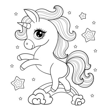 Cute little unicorn on the rainbow. Black and white linear drawing. For children's design of coloring books, prints, posters, stickers, postcards, etc. Vector