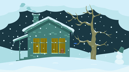 Obraz na płótnie Canvas Funny Vector Image Of A Winter Landscape With A House In Which A Cat Looked Out Of The Window At A Bird On A Tree