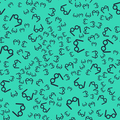 Fototapeta premium Black Glasses icon isolated seamless pattern on green background. Eyeglass frame symbol. Vector