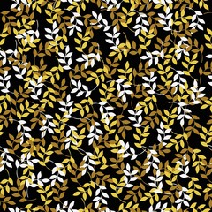 Vintage pattern. white, yellow and orange flowers and mustard leaves. yellow background. Seamless vector template for design and fashion prints.