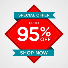 Discounts up to 95 percent, promotion label with red sticker and blue ribbon, special offers on sales promotion discounts. vector template illustration
