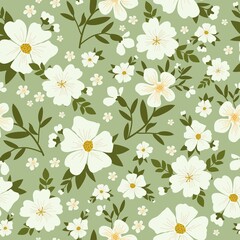 Seamless vintage pattern. White flowers. green leaves. light green background. vector texture. fashionable print for textiles.