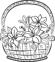 Basket of flowers,  vector illustration isolated on bright background. Concept for logo, print, cards