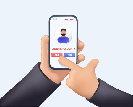 User deleting social account Concept of delete profile, account deactivation, remove data files or page. 3D Web Vector Illustrations. Man pressing delete button on phone, removing online information