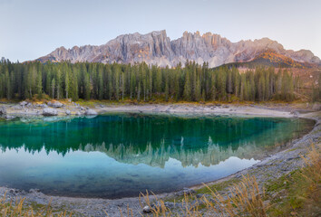 lake in the mountains, Carezza lake, dolomites, Italy