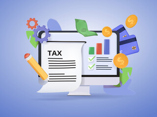 Online Tax payment. Filling tax form. Calendar show Tax Payment Date. Accounting and Financial Management Concept. 3D Web Vector Illustrations. Business analysis, content strategy and management.