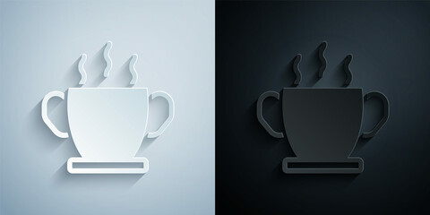 Paper cut Bowl of hot soup icon isolated on grey and black background. Paper art style. Vector