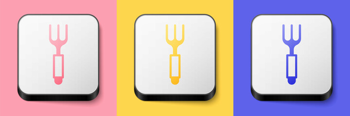 Fototapeta premium Isometric Fork icon isolated on pink, yellow and blue background. Cutlery symbol. Square button. Vector