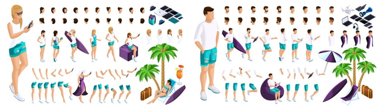 Isometric Set for creating your character, a large set of gestures of hands and feet of a girls and guys 3D teenager, rest, a girls and guys in jeans and a vest