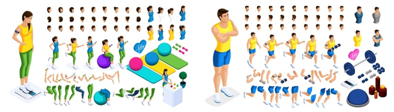 Isometric create your athlete girls and guys, a large set of emotions, gestures of hands, foot movements, a healthy lifestyle. Create your characters. Set 1