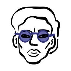 Contemporary trendy young man in color sunglasses, teenager artistic line art portrait, stylish line art guy's face.