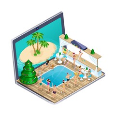 3D Isometric New Year party on the beach. Advertising concept of tours. Online viewing of apartments, choosing a tour via the Internet, choosing apartments.