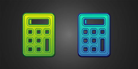Green and blue Calculator icon isolated on black background. Accounting symbol. Business calculations mathematics education and finance. Vector