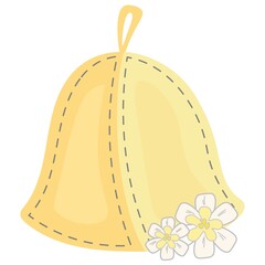 Hat for bath and spa treatments. Bath sauna yellow cute hat icon decorated with vanilla flowers. An item for pleasure and relaxation. Steam bath accessories. Vector cartoon flat.