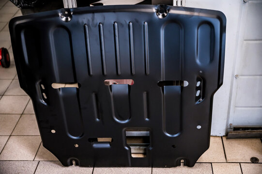 View of new car engine crankcase and gearbox protection