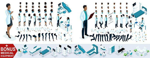 Isometric Woman and Man Doctor African American, create your 3D surgeon, sets of gestures of the feet, hands and emotions. Bonus medical equipment, set 6