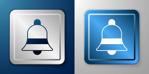 White Ringing bell icon isolated on blue and grey background. Alarm symbol, service bell, handbell sign, notification symbol. Silver and blue square button. Vector