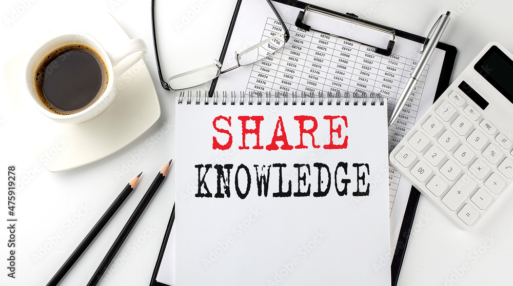 Poster share knowledge text on the paper with calculator, notepad, coffee ,pen with graph