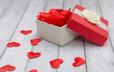 gift box with red hearts. top view, close-up