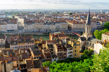 Fototapeta na wymiar Panorama of Lyon with Saone river,